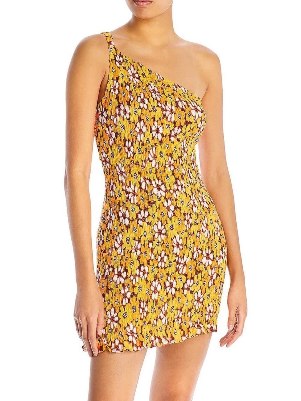 Faithfull the Brand Womens One Shoulder Smocked Mini Dress Orange Size US 2